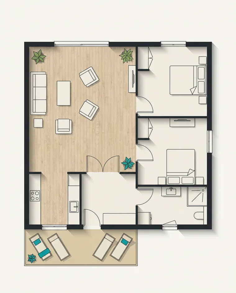 Illustration d’un plan type d’appartement deux chambres avec terrasse, en résidence sur la côte nord de Maurice