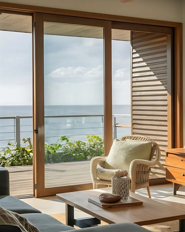 Image d’illustration générée par IA : salon avec baie vitrée ouverte sur la mer, ce n’est pas un bien réel
