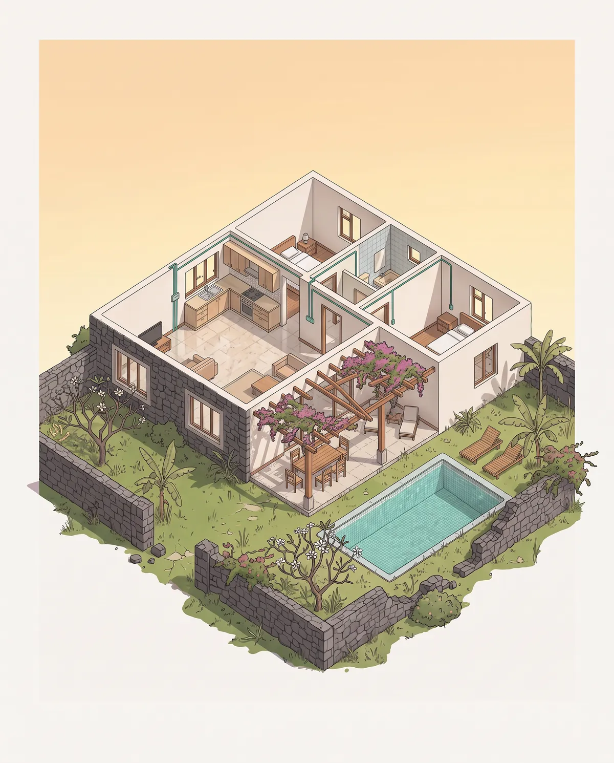 Illustration de la même villa après rénovation : murs et toiture refaits, cuisine et salles d’eau équipées, pergola fleurie, piscine propre, jardin entretenu