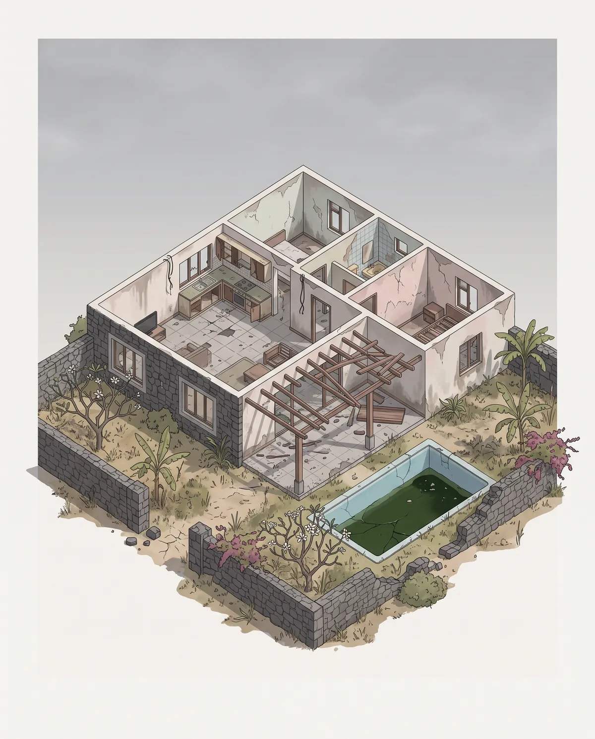 Illustration d’une villa avant rénovation : murs fissurés, toiture et pergola abîmées, piscine verte, jardin à l’abandon